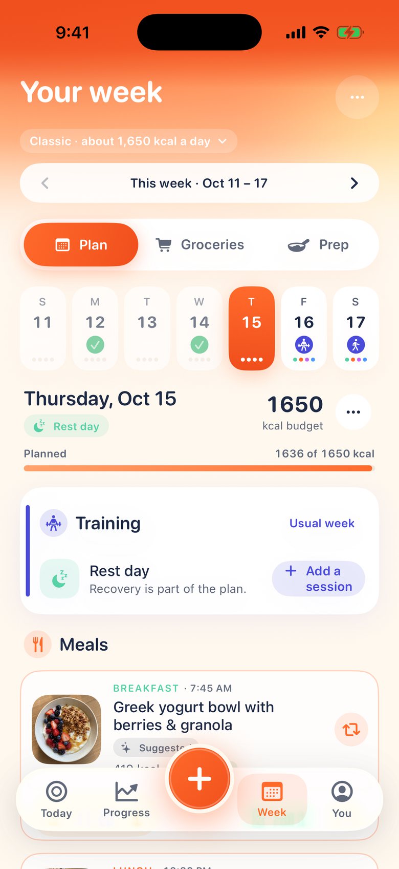 The Week tab in Bites: Thursday planned at 1,636 of 1,650 kcal, a rest day, and Greek yogurt with berries and granola for breakfast.
