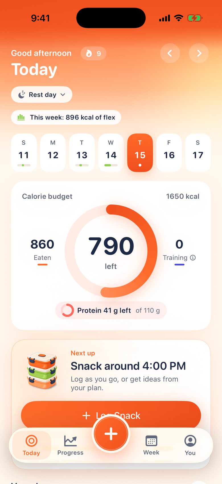 The Today screen in Bites: 790 of 1,650 kcal left, 41 g of protein to go, and a snack planned for 4:00 PM.