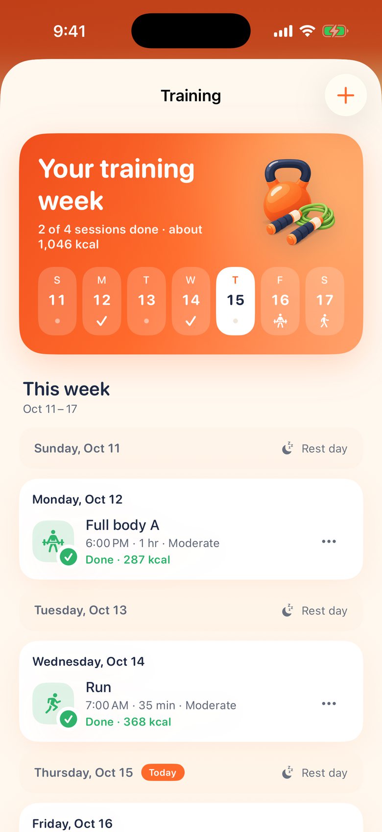 The Training screen in Bites: 2 of 4 sessions done this week, a full-body workout on Monday and a run on Wednesday.