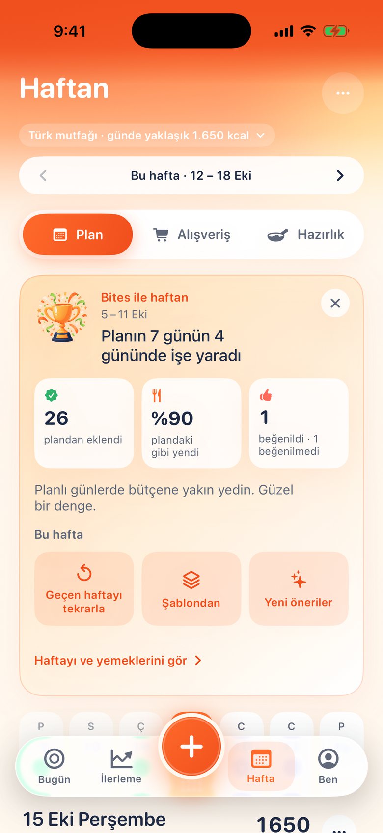 Bites'ın pazar özeti: plan 7 günün 4'ünde işe yaradı; geçen haftayı tekrarlama, şablondan başlama ve yeni öneriler düğmeleri.