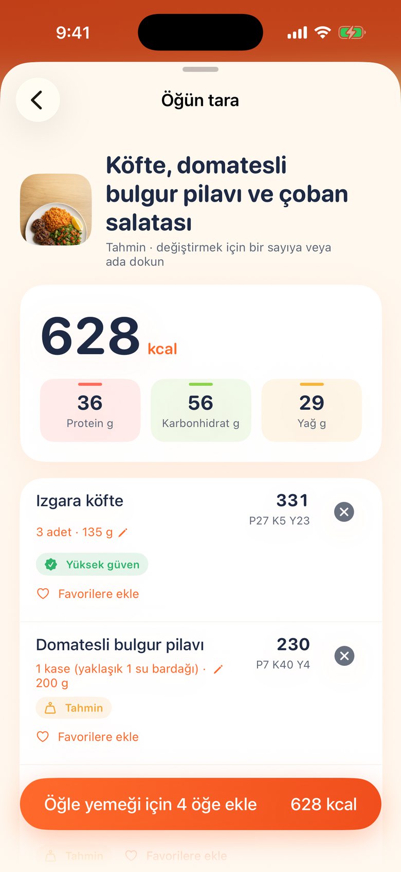 Bites'ta bir tarama sonucu: köfte, domatesli bulgur pilavı ve çoban salatası, toplam 628 kcal; her kalemin değiştirilebilir bir tahmin etiketi var.
