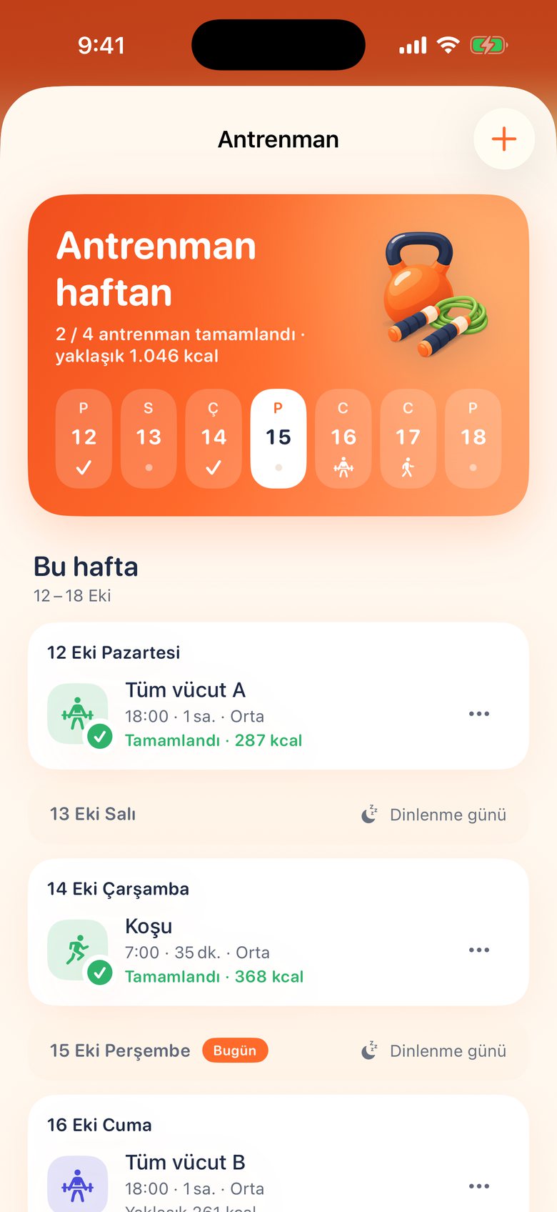 Bites'ın Antrenman ekranı: bu hafta 4 antrenmanın 2'si tamamlandı; pazartesi tüm vücut, çarşamba koşu.